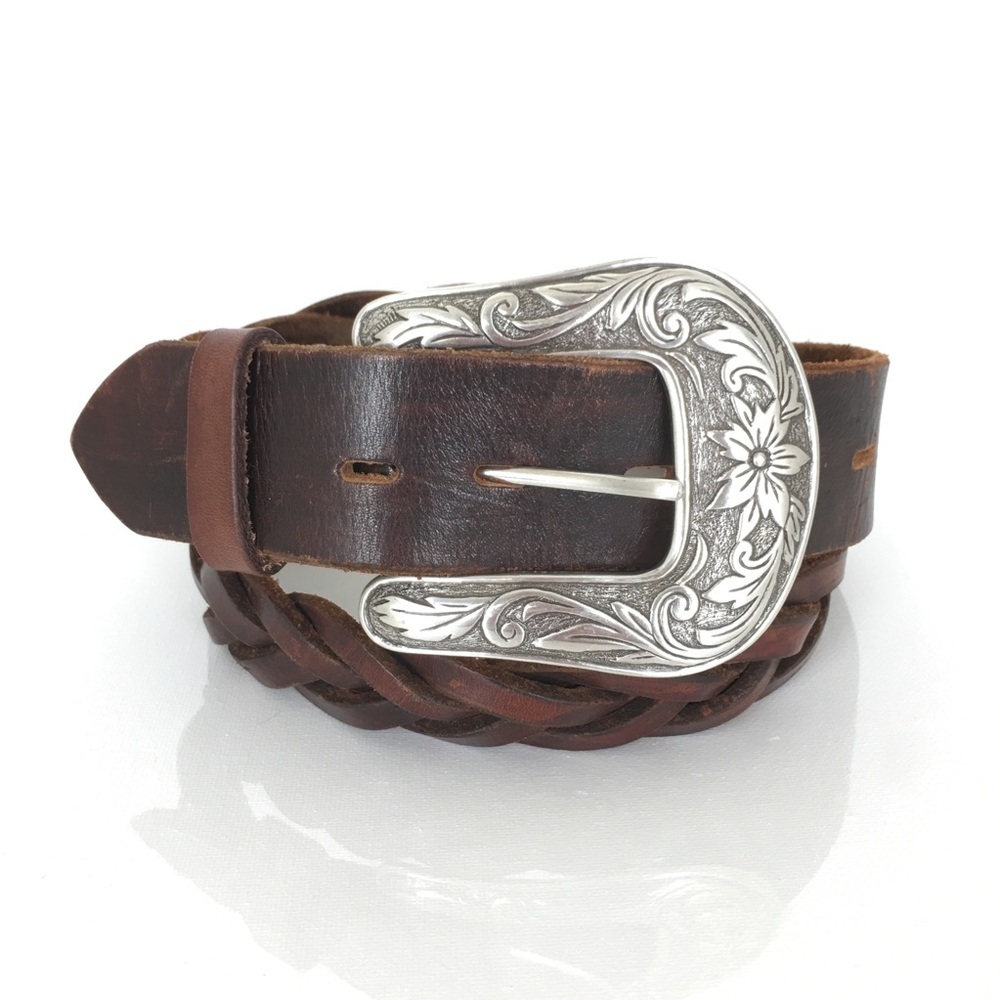 Chunky Braided Woven Leather Belt Dark Brown Western Floral Silver Buckle Boho